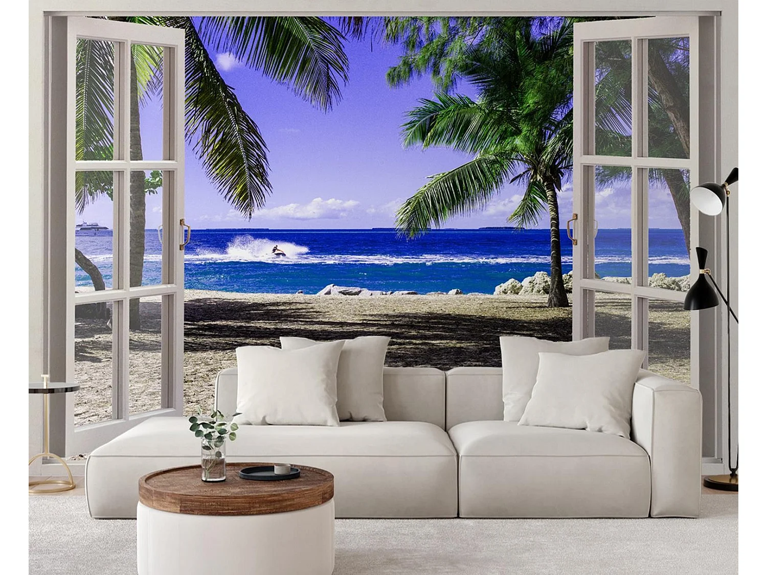 Carta Da Parati, Finestra con vista su una spiaggia tropicale - 210x150