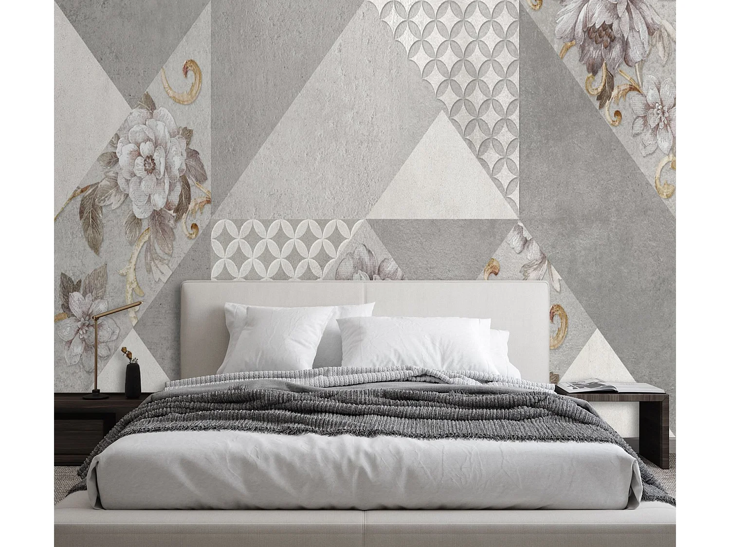Carta Da Parati, Fiori su texture grigia - 150x105