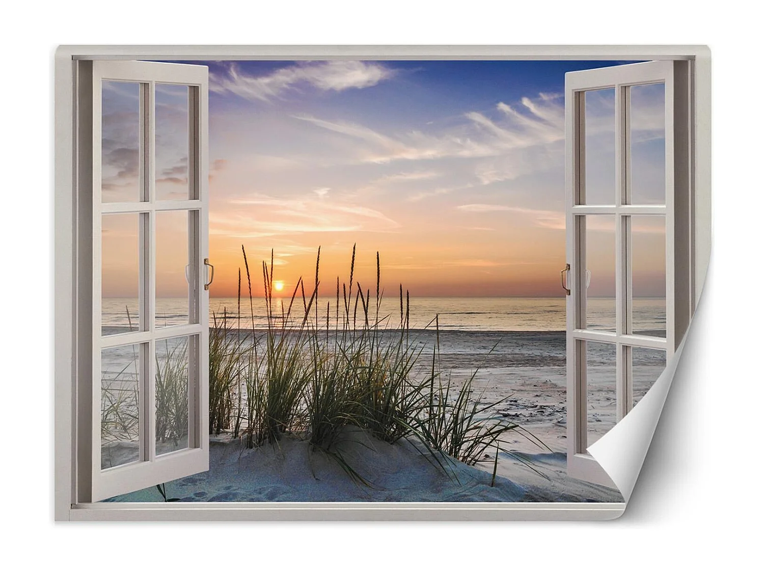 Carta Da Parati, Vista finestra tramonto sulla spiaggia - 140x100