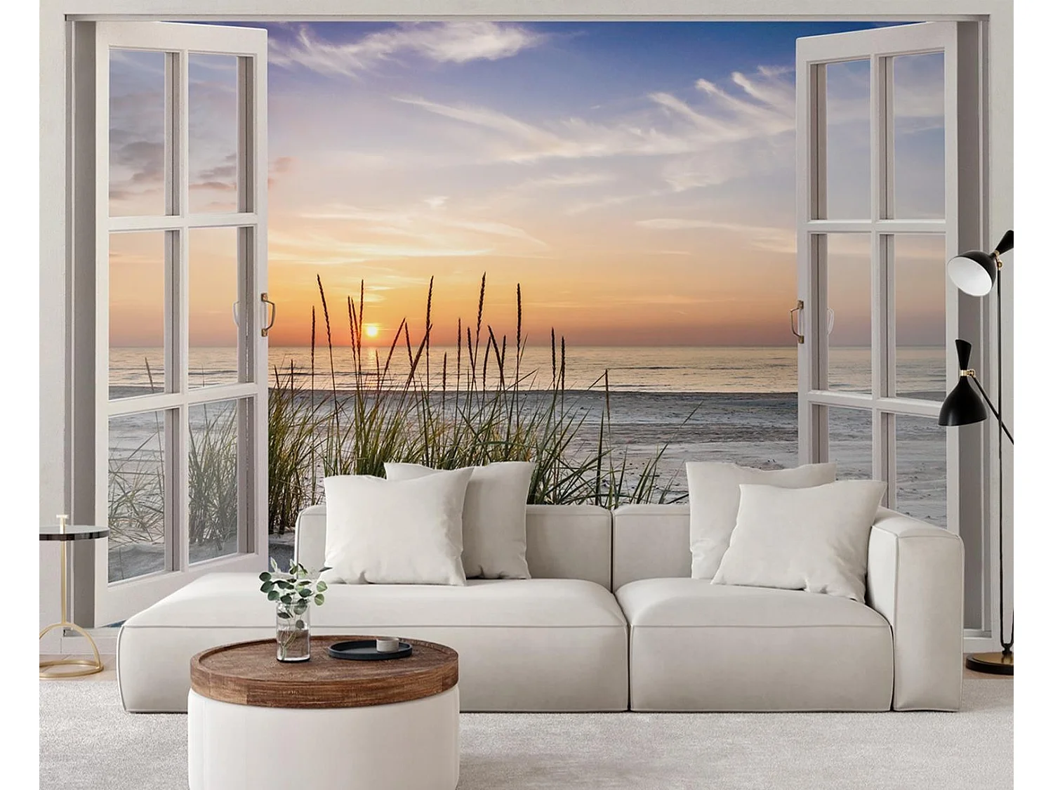 Carta Da Parati, Vista finestra tramonto sulla spiaggia - 140x100