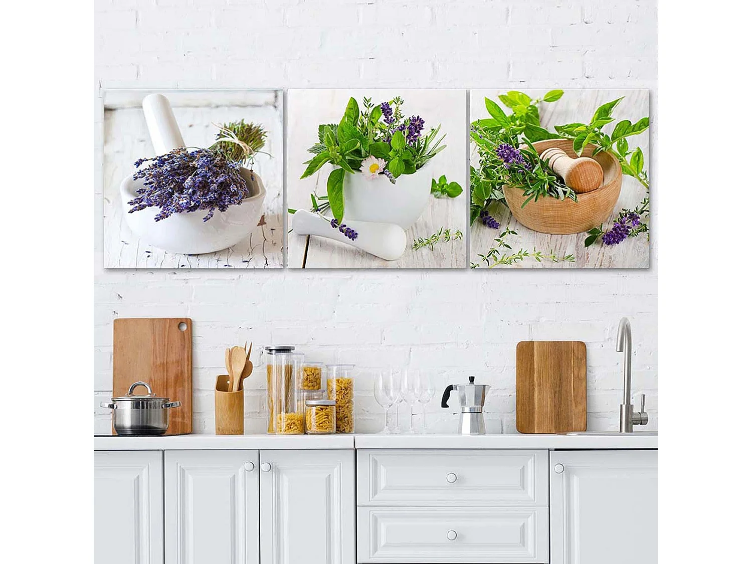 Stampa su tela 3 parti, Le erbe in cucina - 120x40