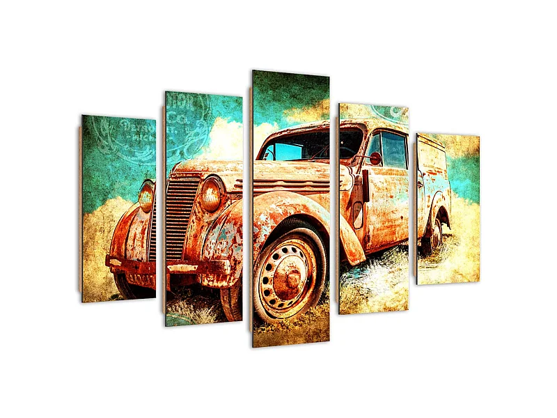 Quadro deco panel 5 parti, Auto arrugginita - 150x100