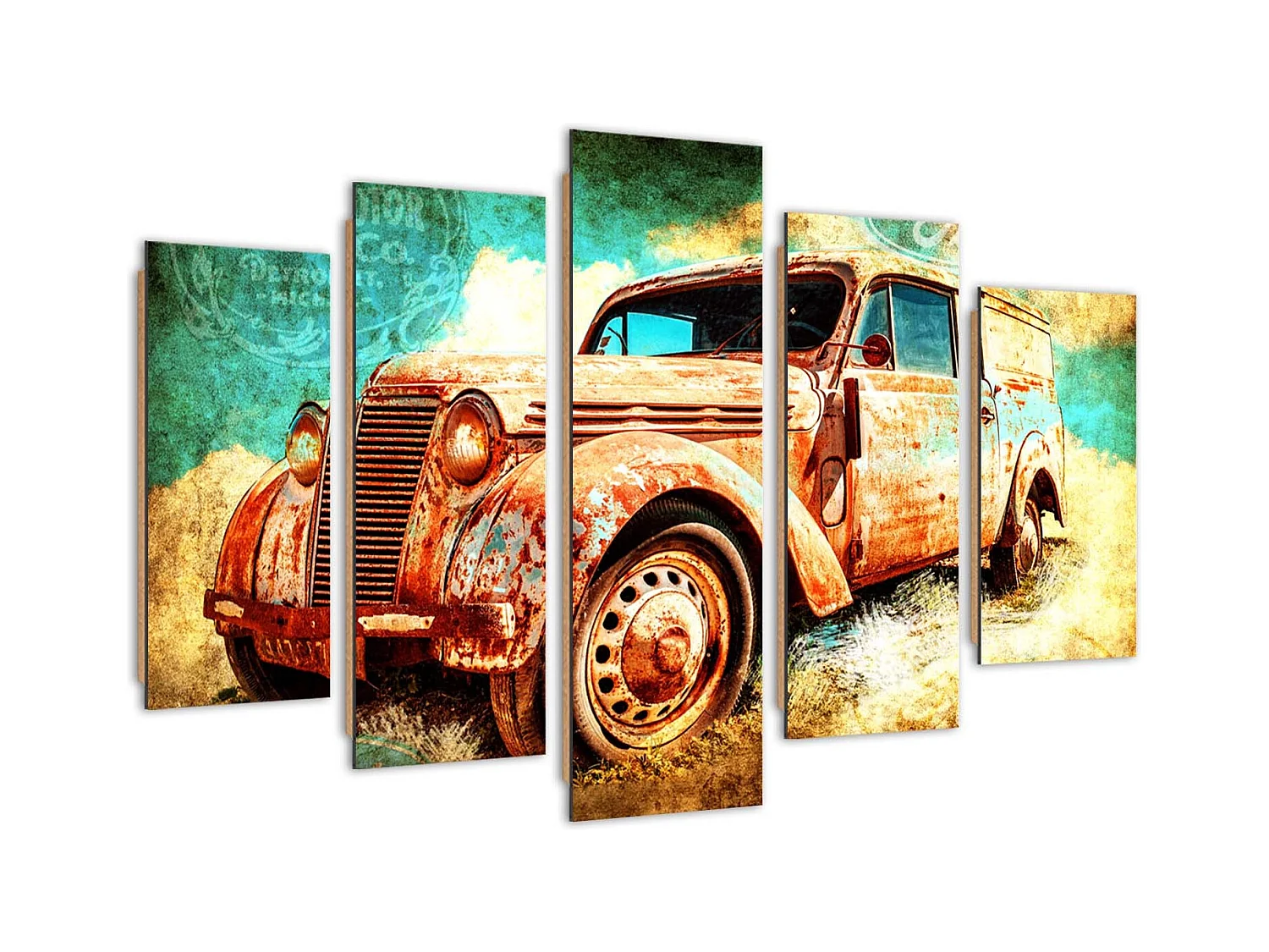 Quadro deco panel 5 parti, Auto arrugginita - 150x100