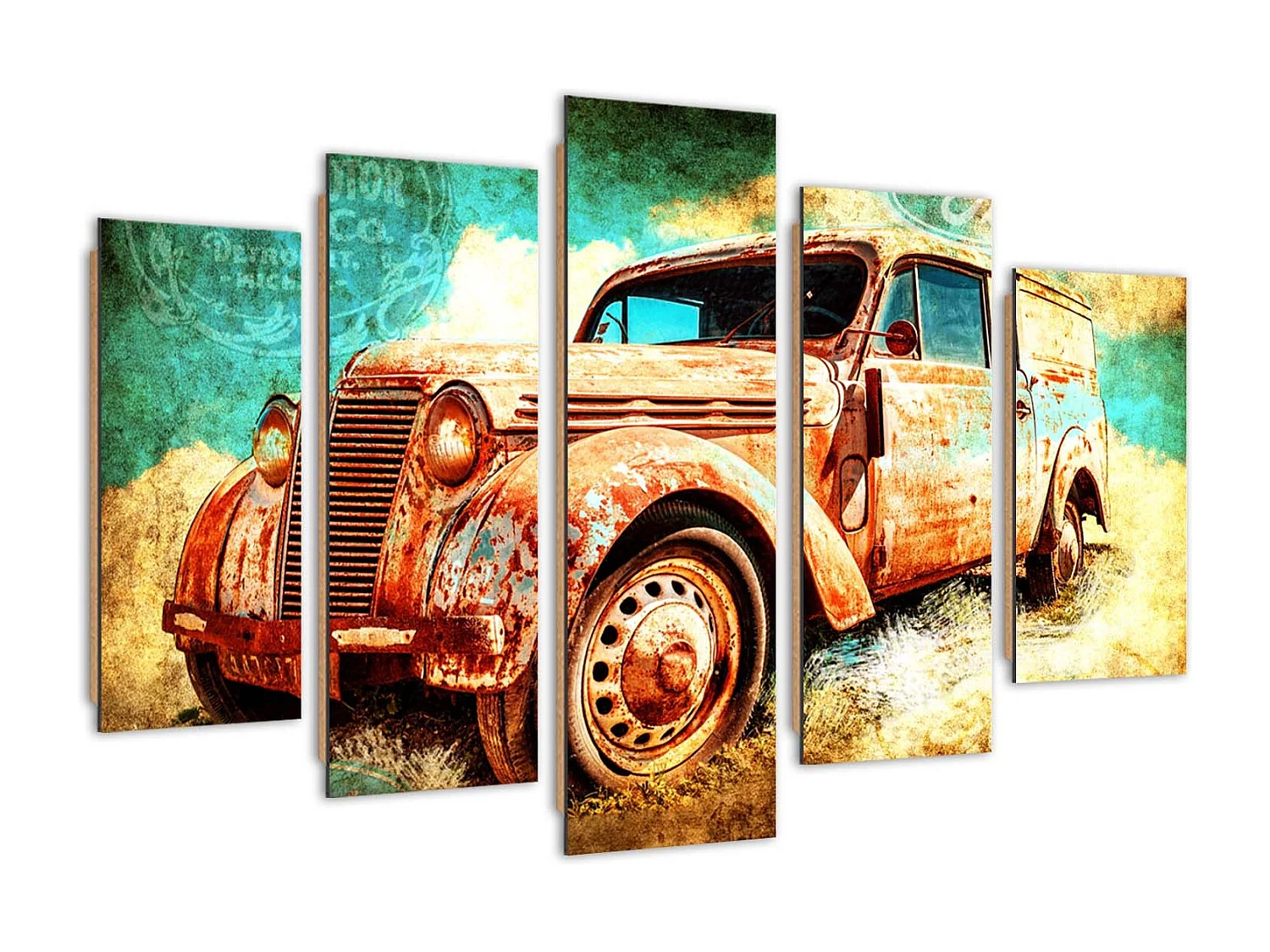 Quadro deco panel 5 parti, Auto arrugginita - 150x100