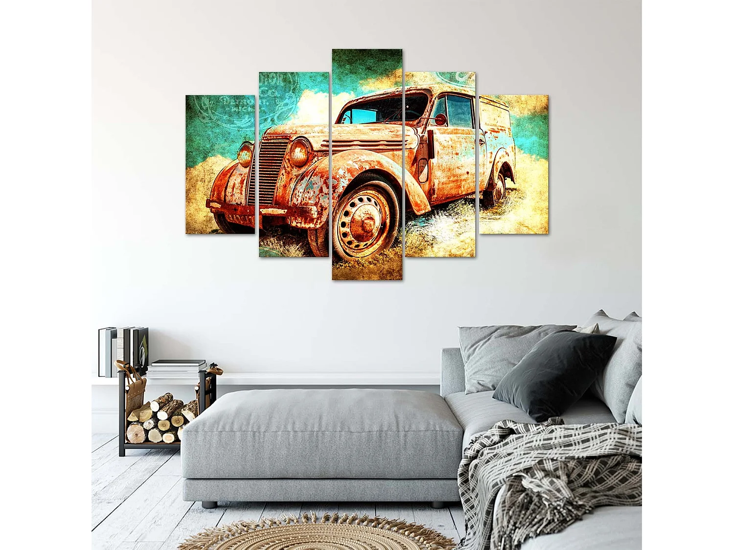 Quadro deco panel 5 parti, Auto arrugginita - 150x100