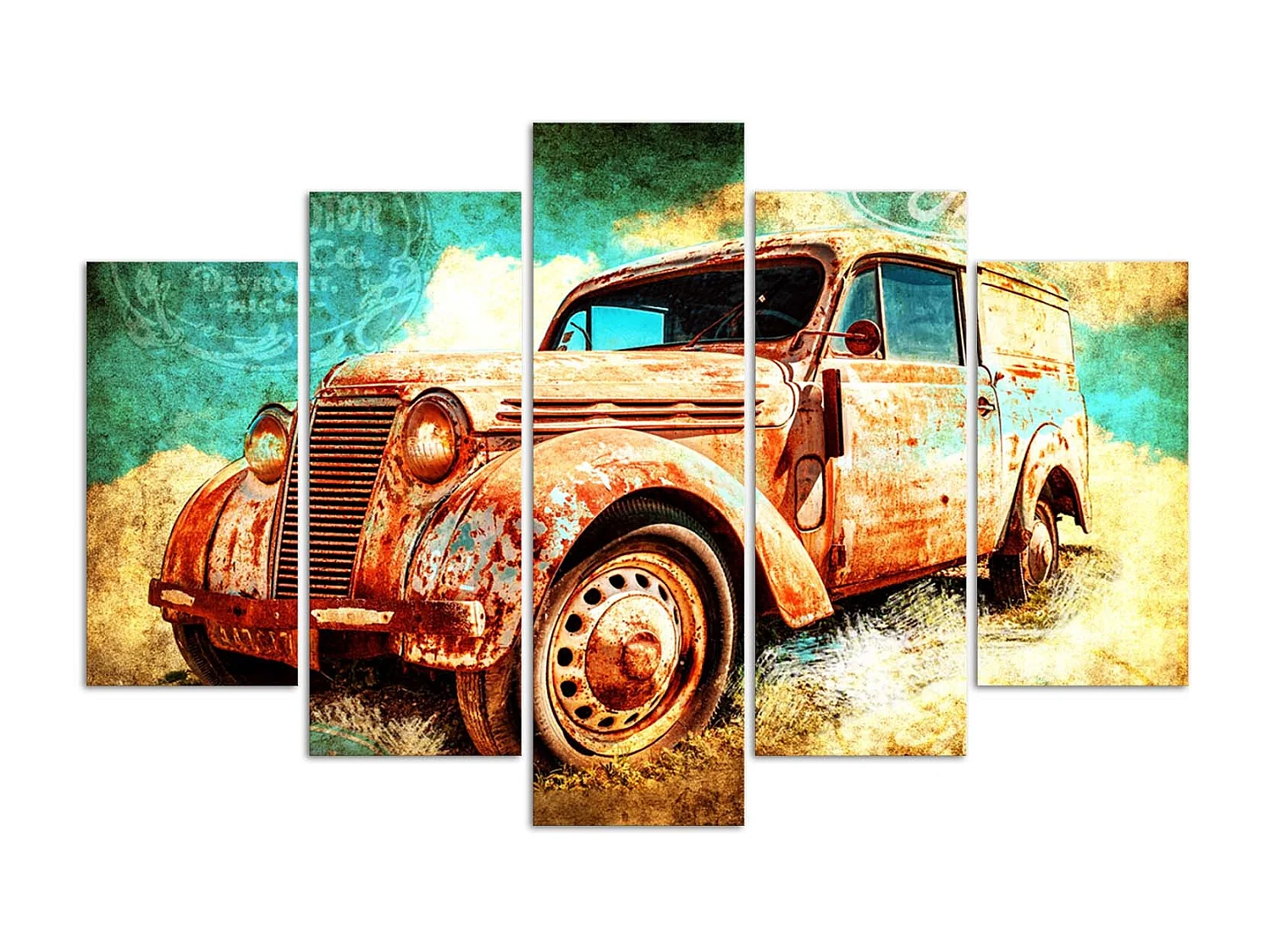 Quadro deco panel 5 parti, Auto arrugginita - 150x100