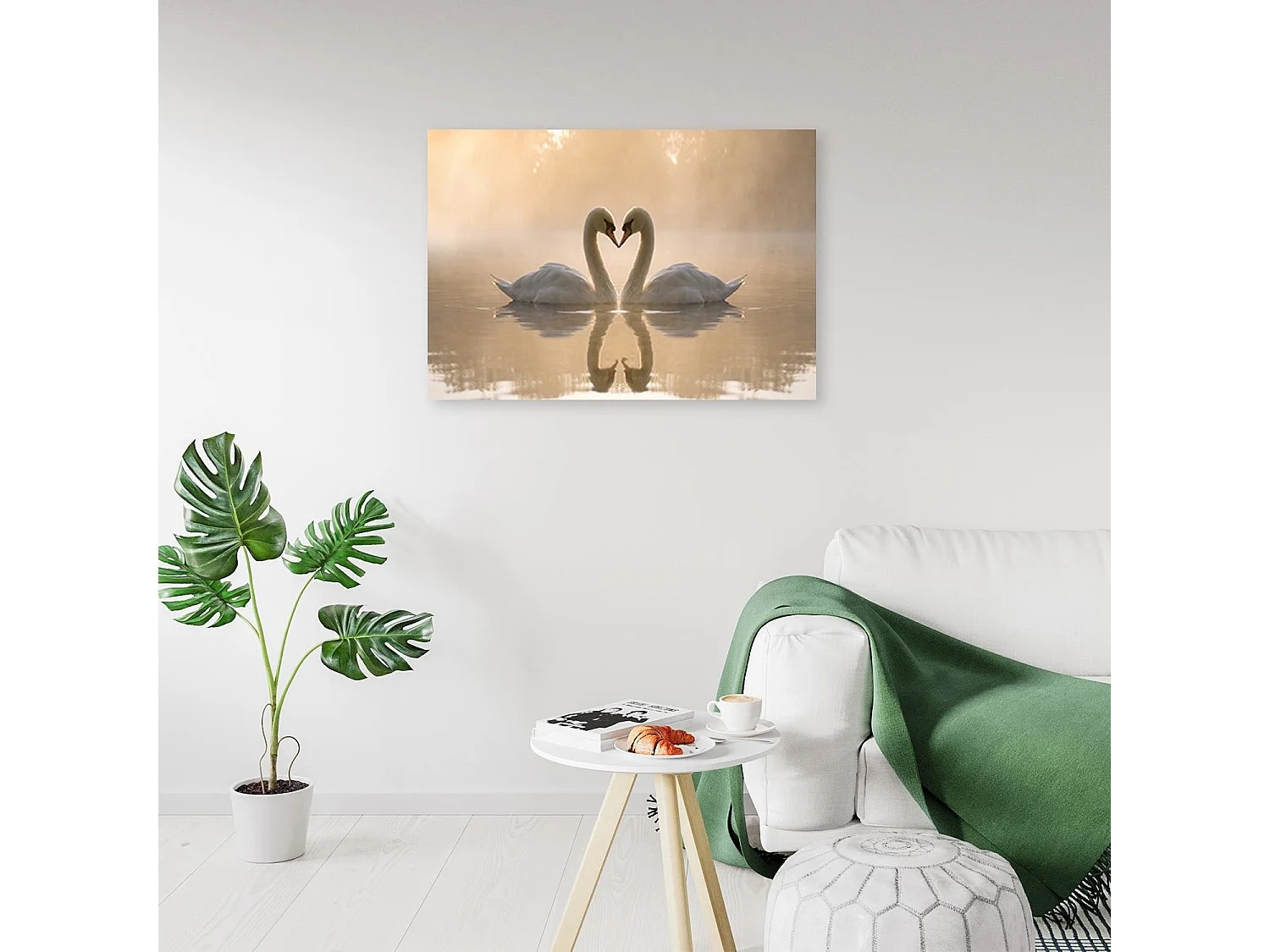 Stampa su tela, Cigni su uno stagno al mattino - 60x40