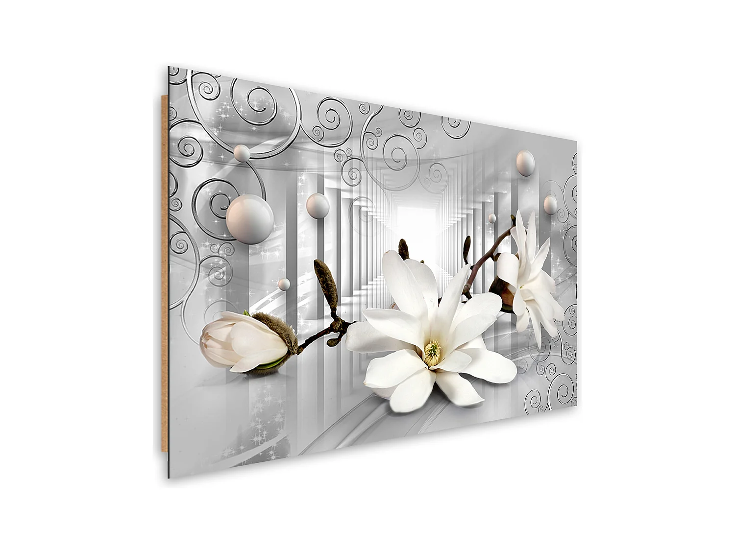 Quadro deco panel, Fiori nel tunnel e palline 3D d'argento - 60x40