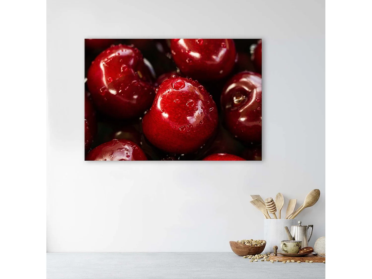 Quadro deco panel, Ciliegie tra le gocce d'acqua - 120x80