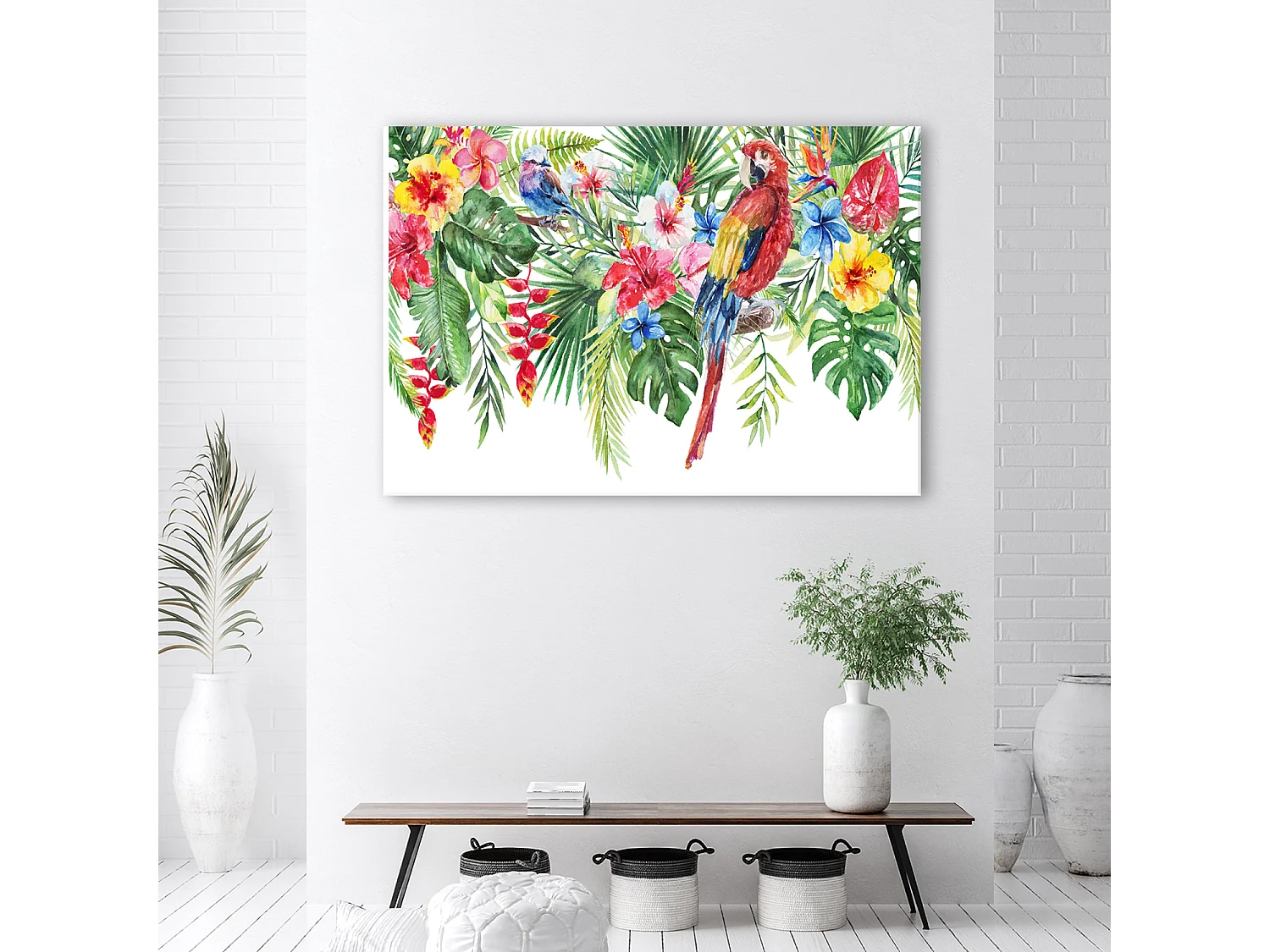 Quadro su tela, Foglie di fiori di pappagalli tropicali - 90x60