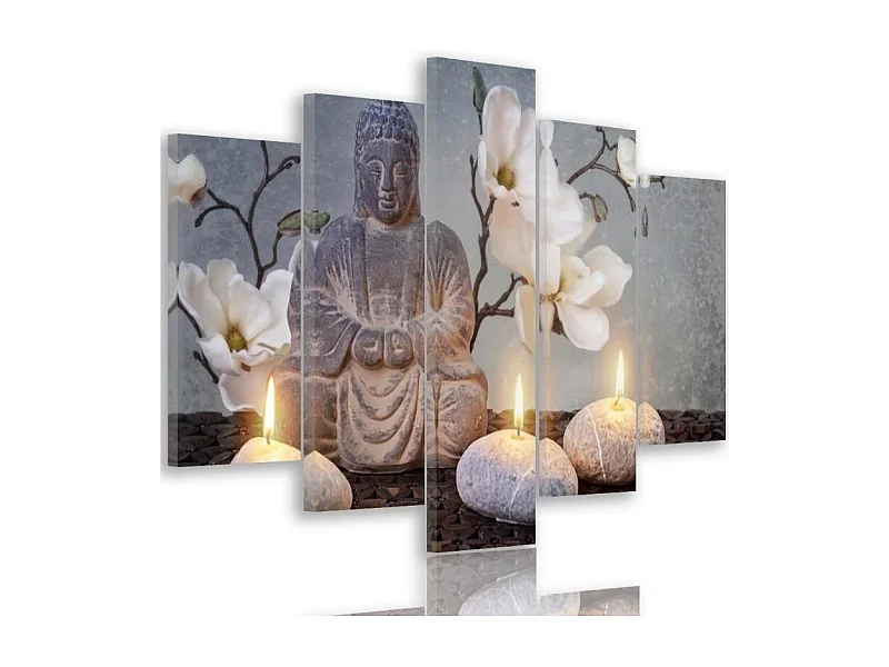 Quadri Quadro 5 pezzi Stampa su tela Pietra di fiori grigi di Buddha - 100x70
