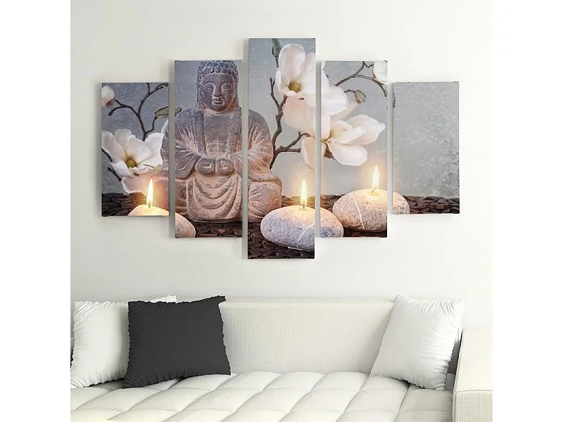 Quadri Quadro 5 pezzi Stampa su tela Pietra di fiori grigi di Buddha - 100x70