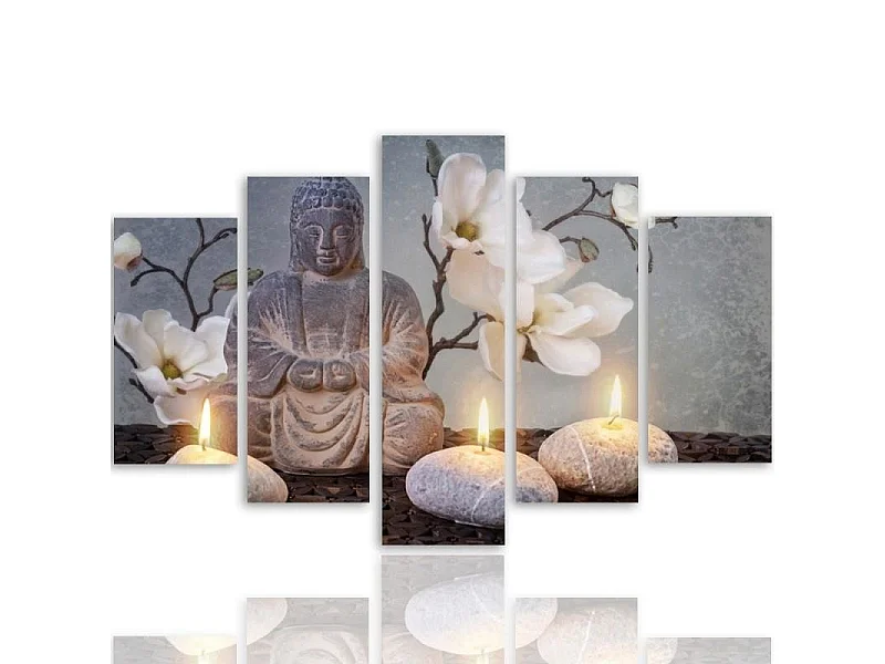 Quadri Quadro 5 pezzi Stampa su tela Pietra di fiori grigi di Buddha - 100x70