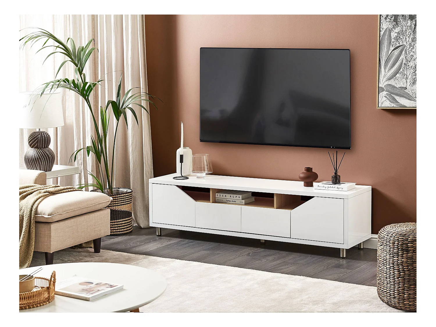 TV-Lowboard weiß Hochglanz 160cm mit 2 Schubladen 2 Türen 3 Regalen Modern Cinci