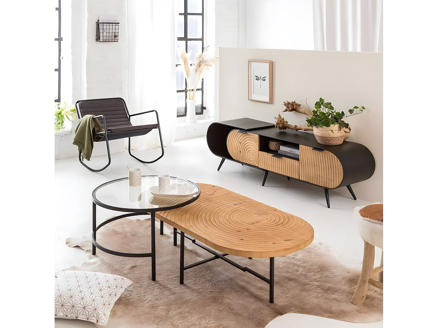 Sillón mecedora de cuero negro con almacenamiento integrado para adultos - Estilo industrial vintage