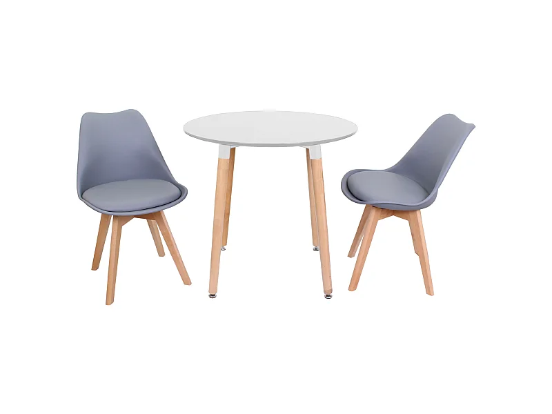 LORENZO HALO - Ensemble table à Manger Blanche Ronde + 2 Chaises Scandinaves Grises