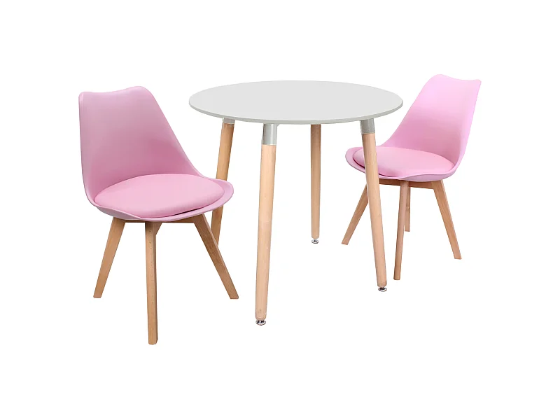 LORENZO HALO - Ensemble table à Manger Blanche Ronde + 2 Chaises Scandinaves Roses