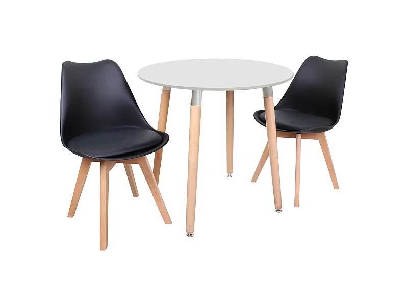 LORENZO HALO - Ensemble table à Manger Blanche Ronde + 2 Chaises Scandinaves Noires