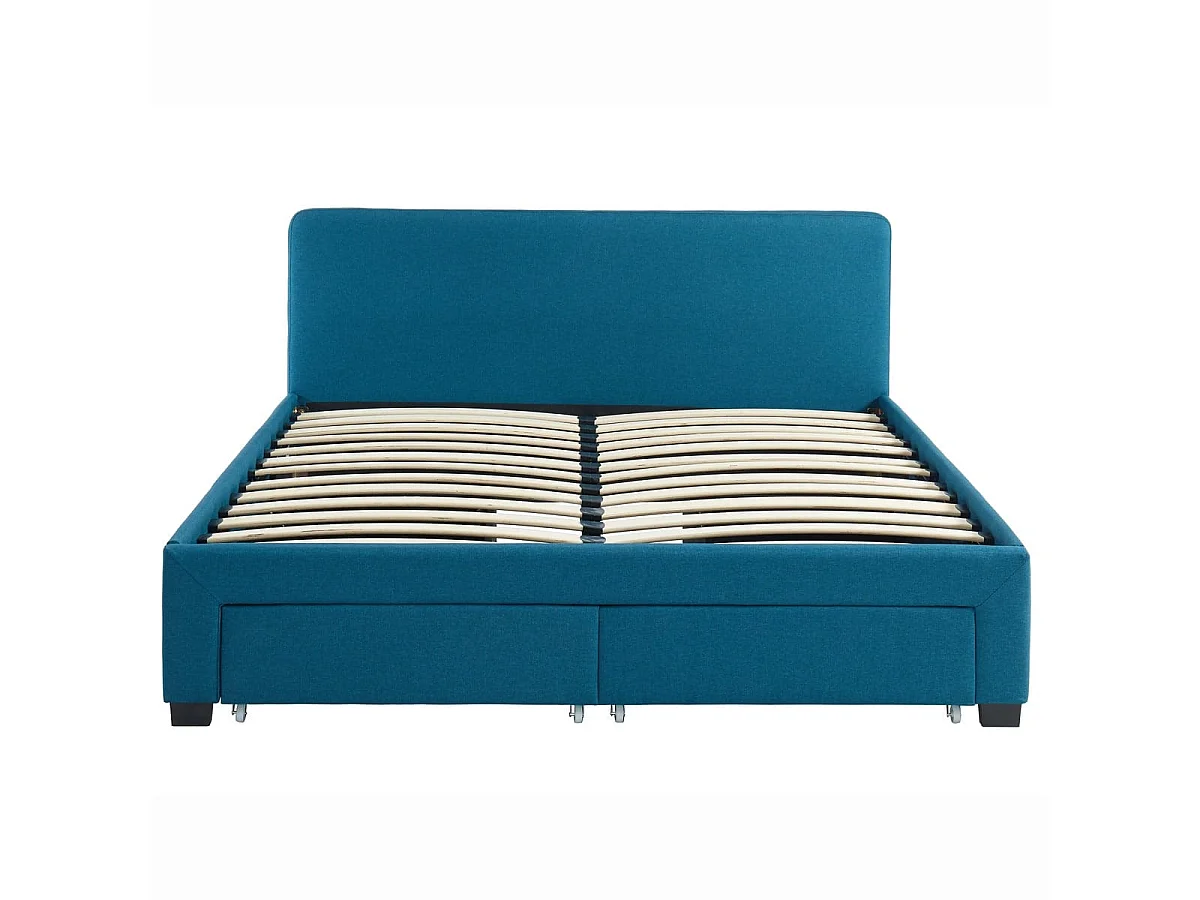 Lit à tiroirs 140x190 en tissu bleu canard avec tête de lit et sommier à lattes - Collection Stan