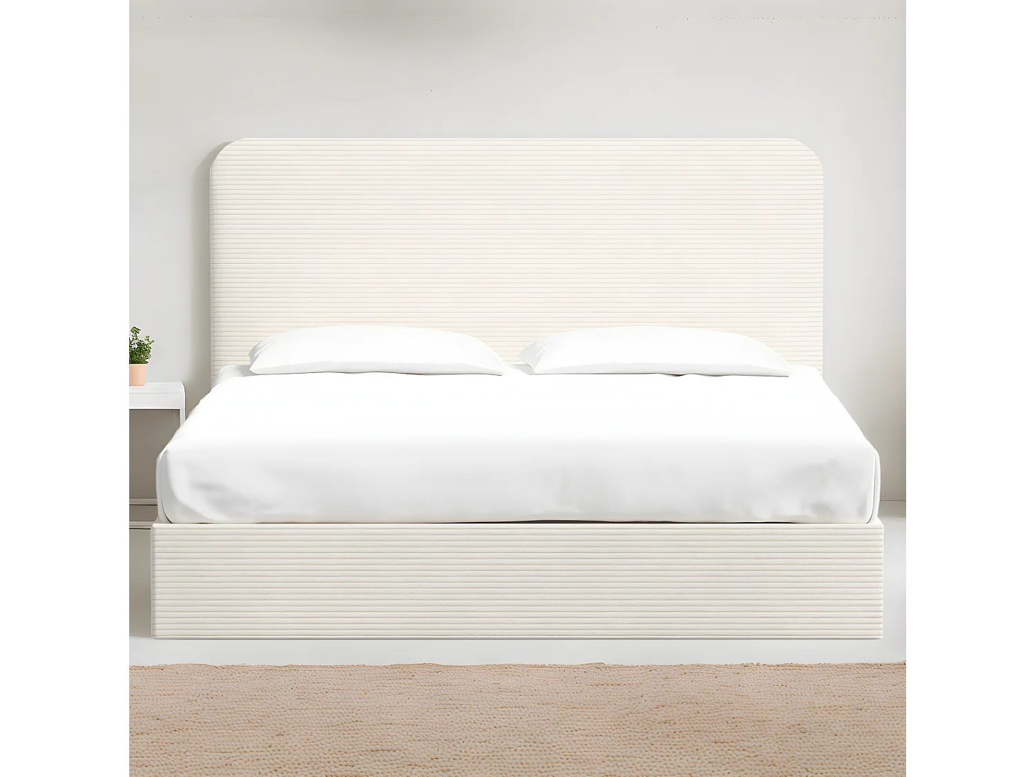 Lit adulte 140x190 cm en velours côtelé beige avec tête de lit et sommier à lattes - Enzo