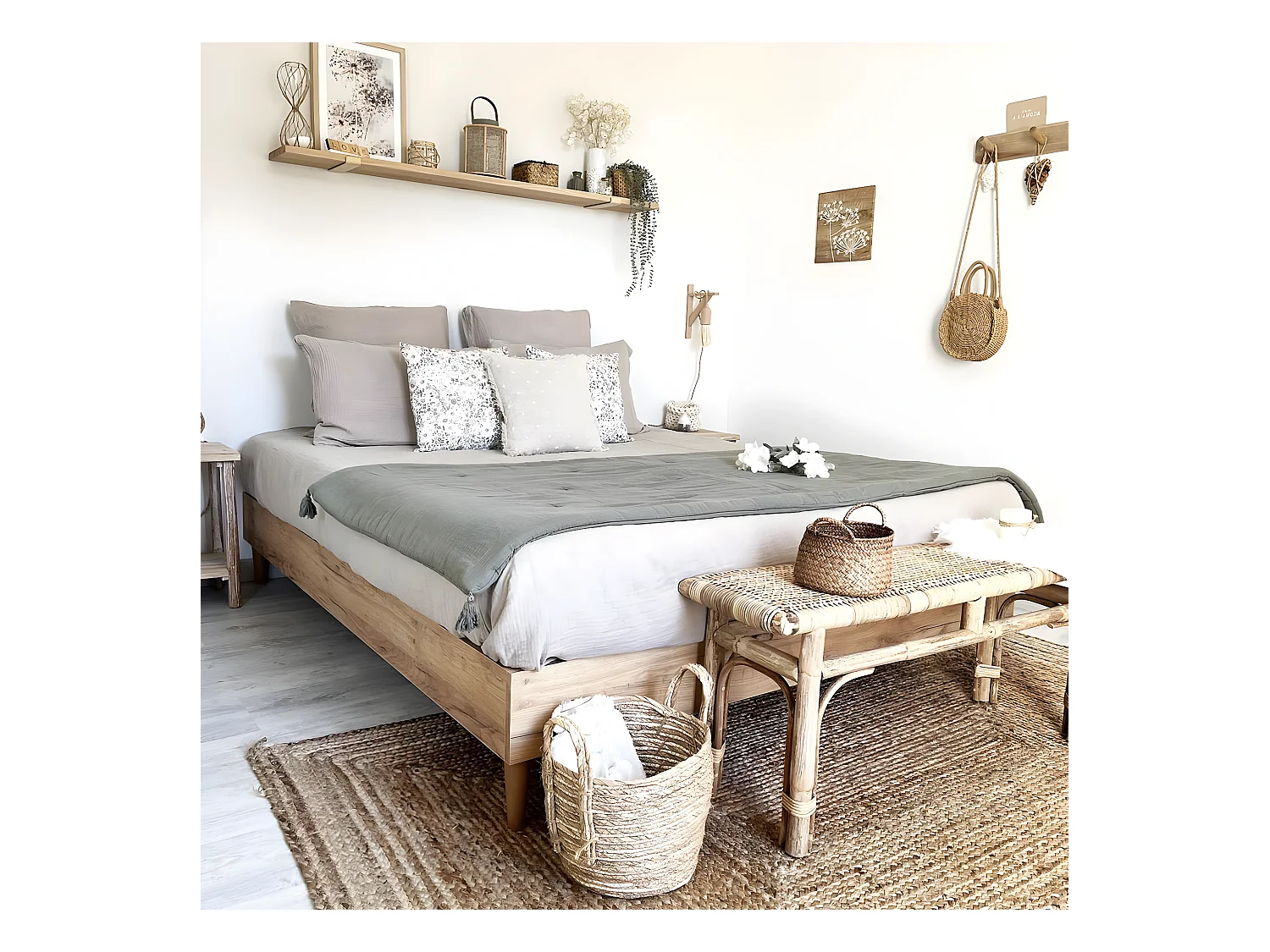 Lit adulte 160x200 cm effet chêne avec sommier à lattes - Paco