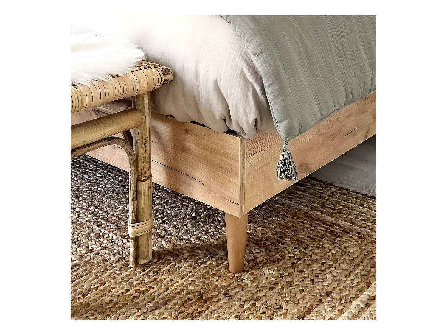 Lit adulte 160x200 cm effet chêne avec sommier à lattes - Paco