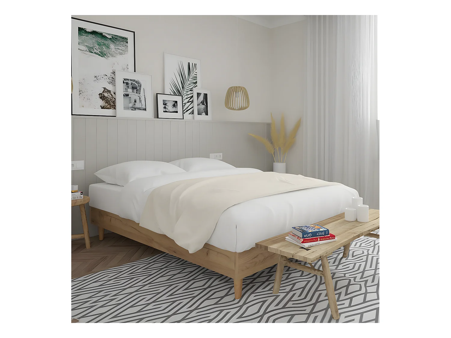 Lit adulte 160x200 cm effet chêne avec sommier à lattes - Paco