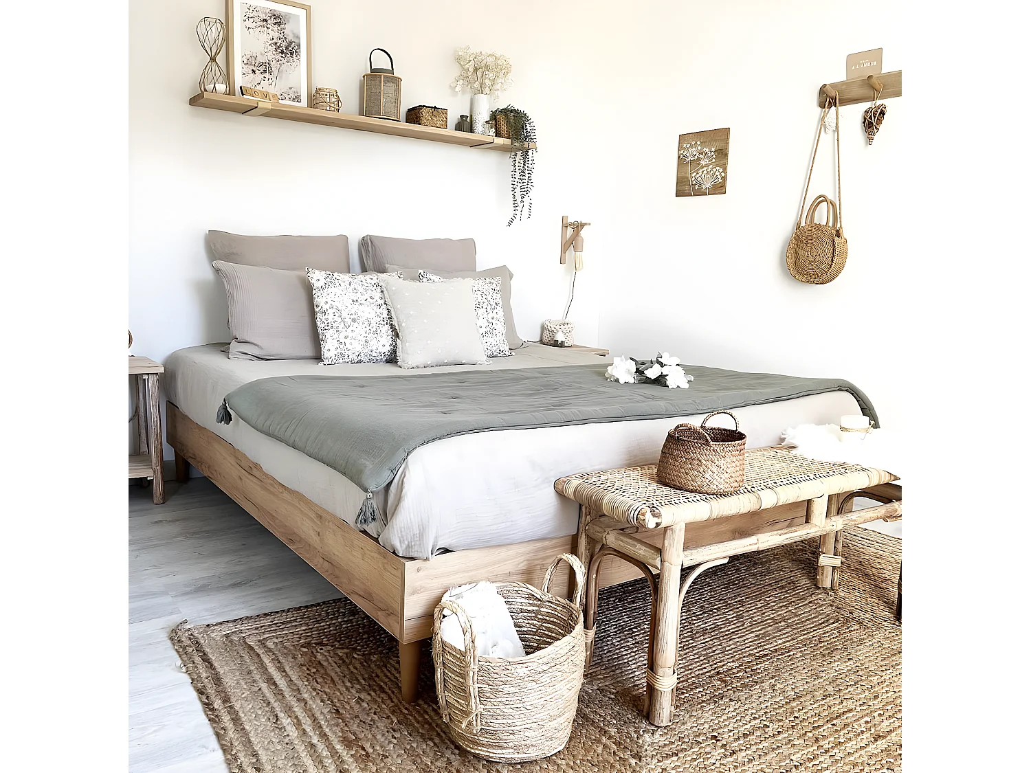 Lit adulte 160x200 cm effet chêne avec sommier à lattes - Paco