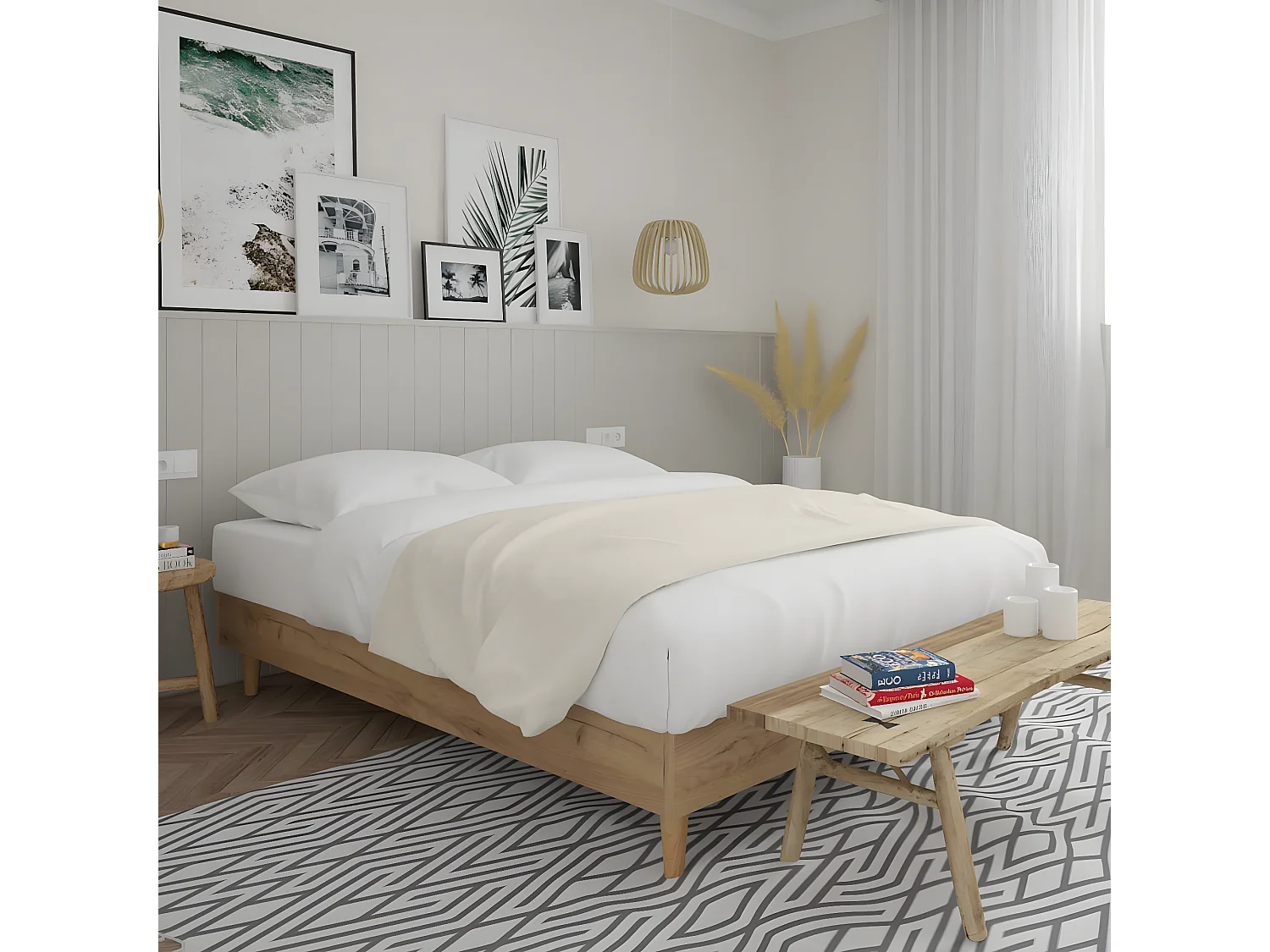 Lit adulte 160x200 cm effet chêne avec sommier à lattes - Paco