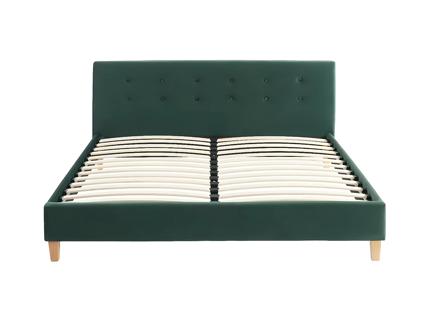 Lit adulte avec tête de lit capitonnée en velours vert bouteille - sommier à lattes 160x200cm - Milo