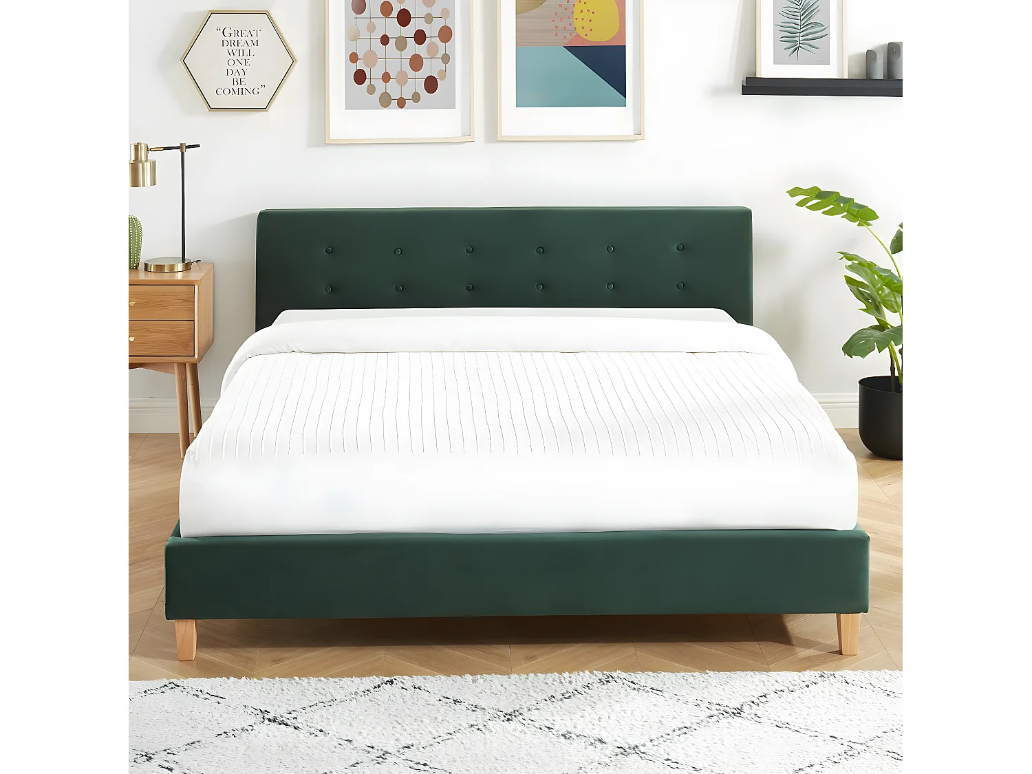 Lit adulte avec tête de lit capitonnée en velours vert bouteille - sommier à lattes 160x200cm - Milo