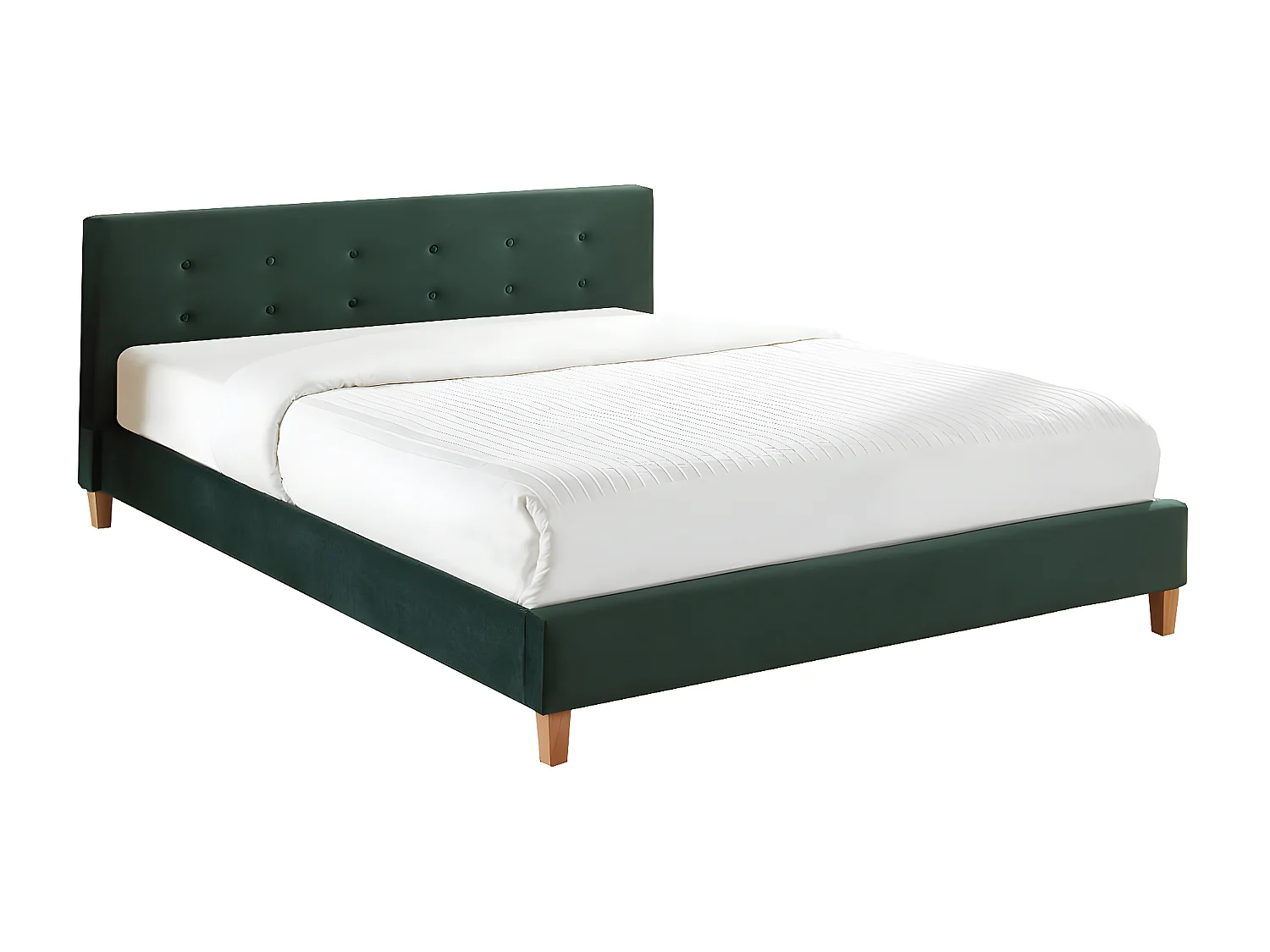 Lit adulte avec tête de lit capitonnée en velours vert bouteille - sommier à lattes 160x200cm - Milo
