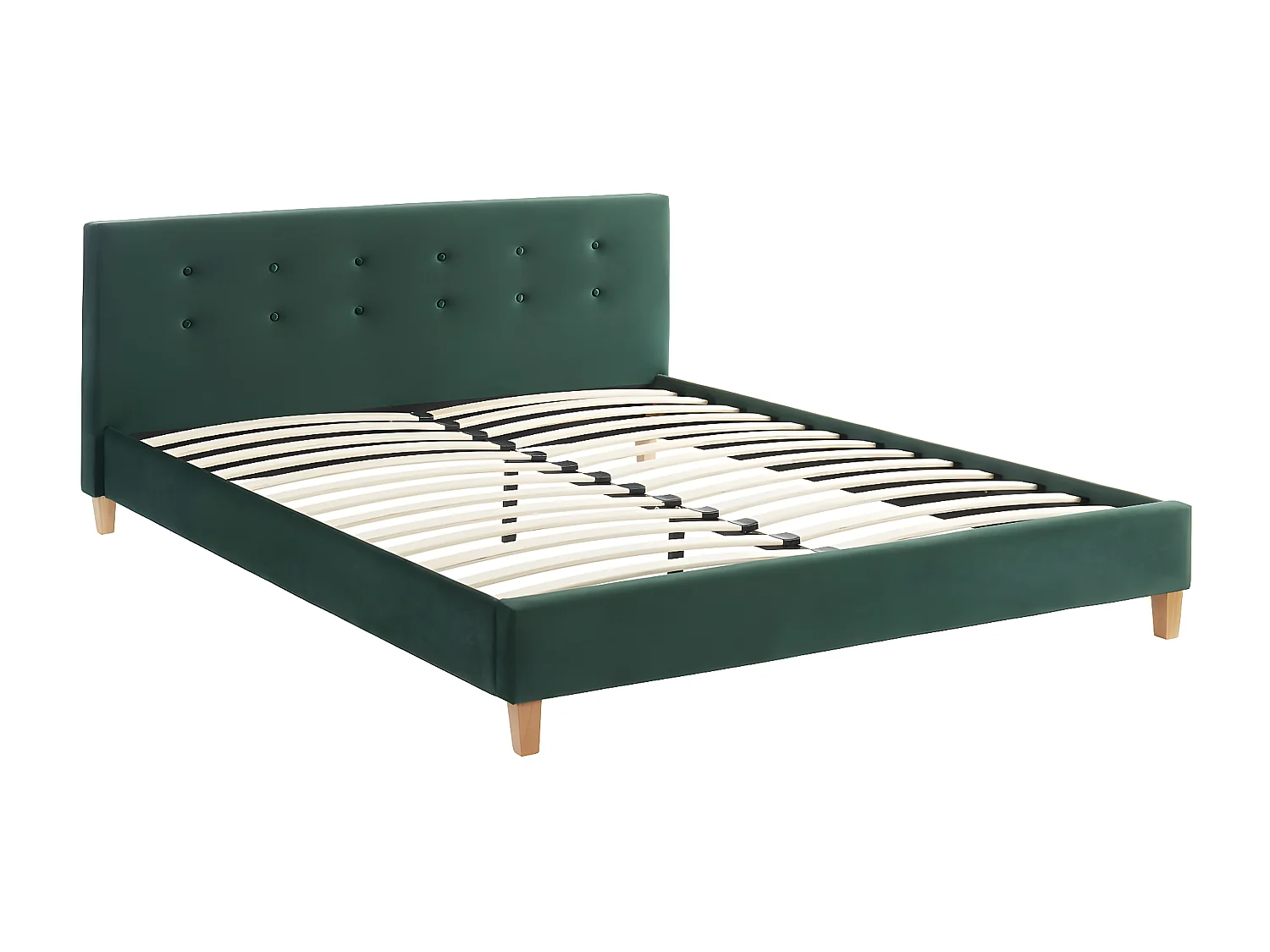 Lit adulte avec tête de lit capitonnée en velours vert bouteille - sommier à lattes 160x200cm - Milo