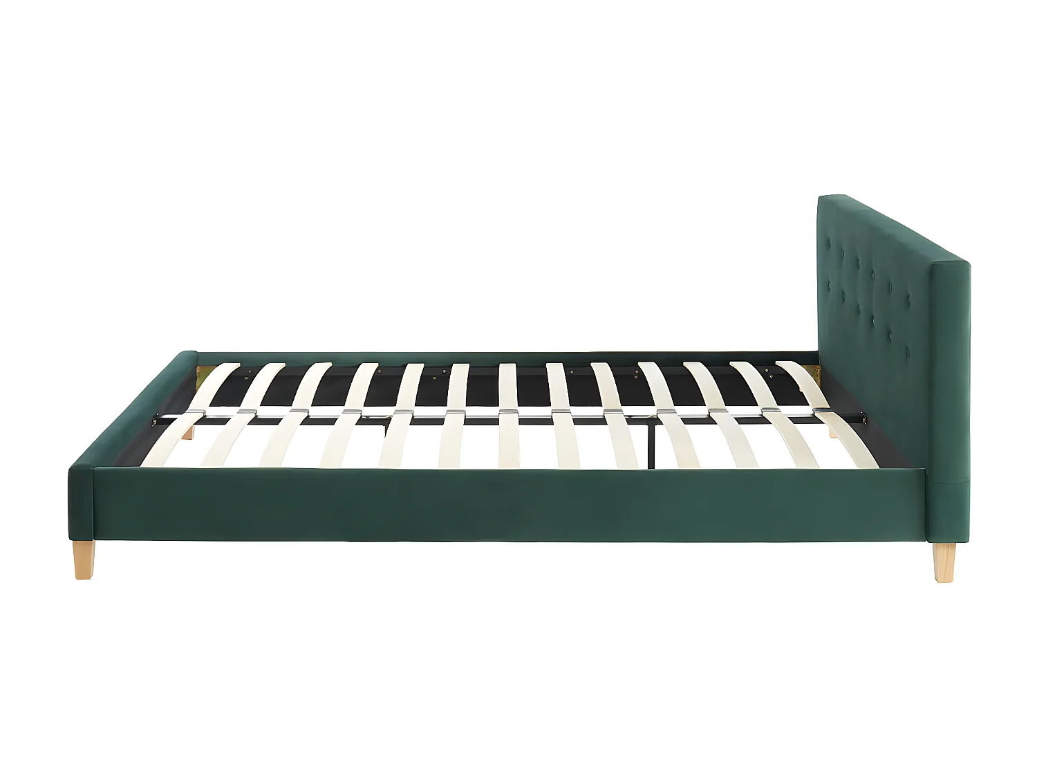 Lit adulte avec tête de lit capitonnée en velours vert bouteille - sommier à lattes 160x200cm - Milo