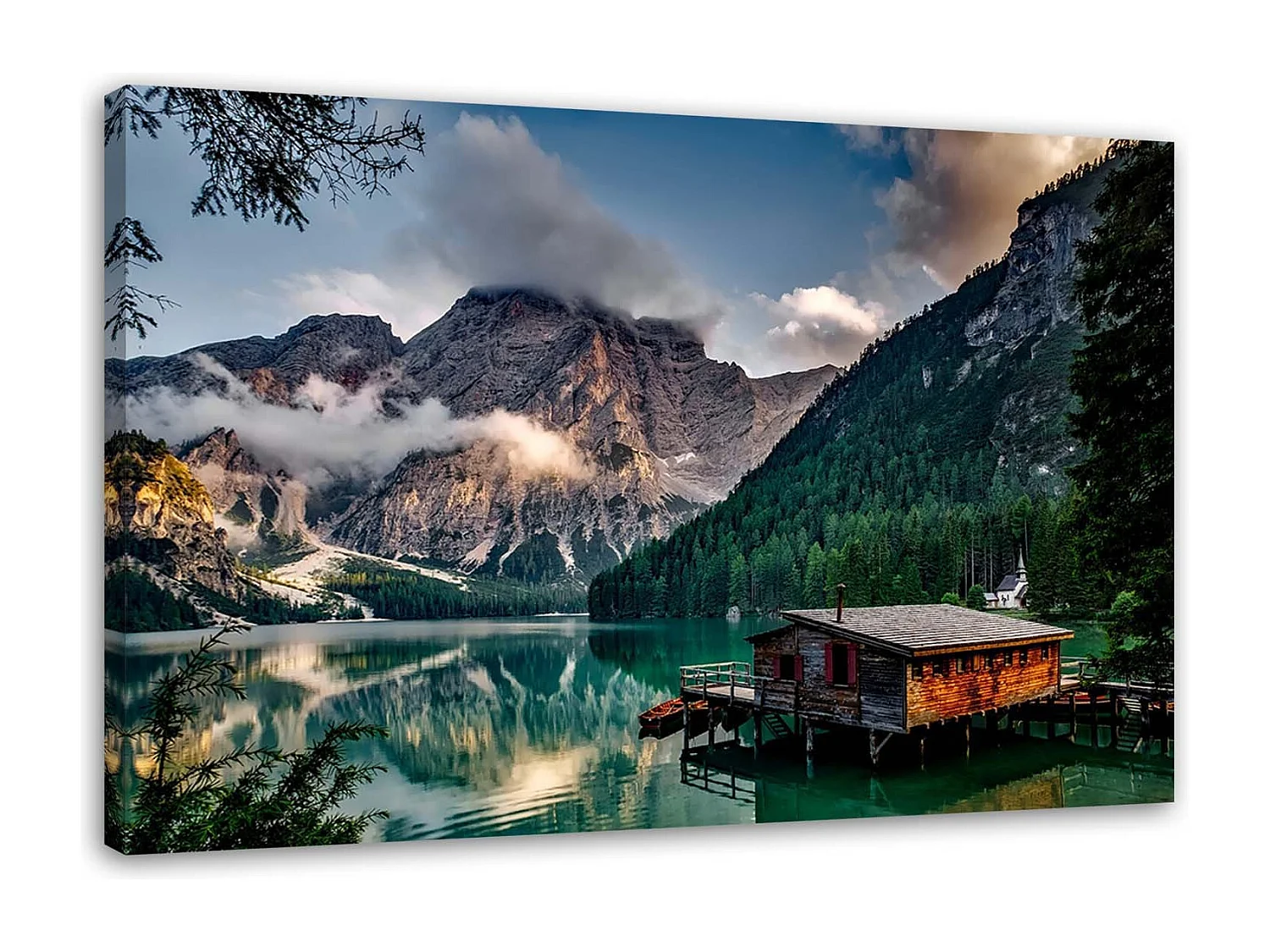 Stampa su tela Capanna al lago di montagna Dolomiti - 90x60