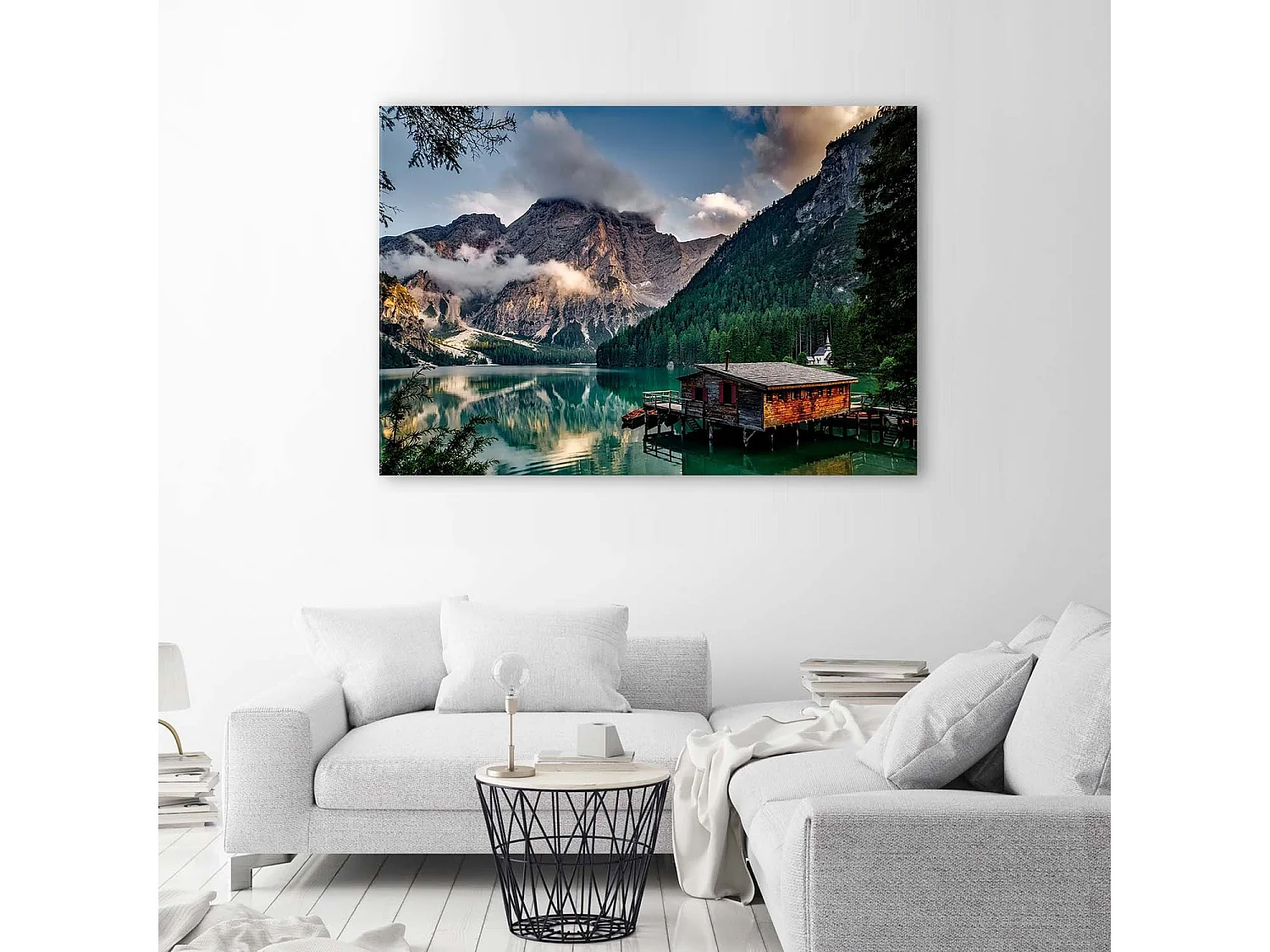Stampa su tela Capanna al lago di montagna Dolomiti - 90x60