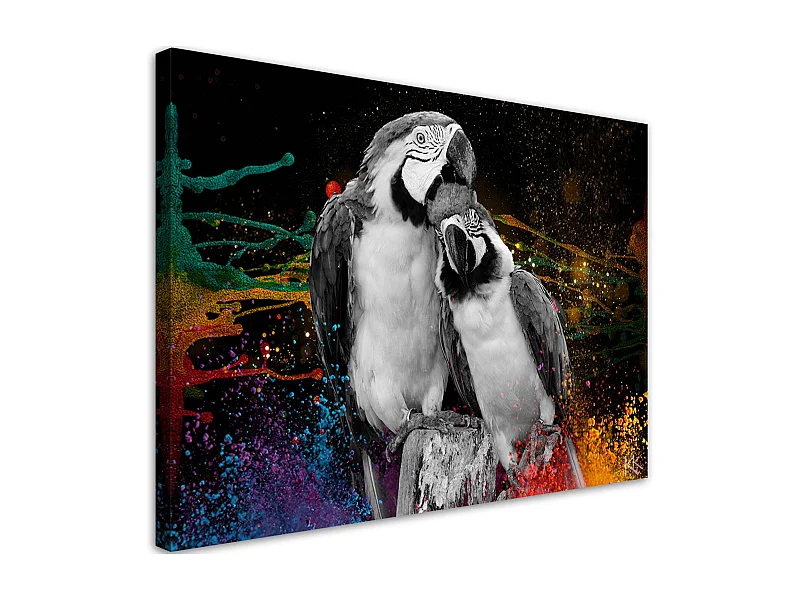 Quadro su tela, Pappagalli colorati Uccelli su un ramo - 120x80
