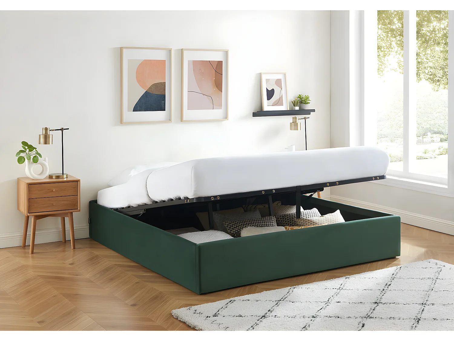 Lit coffre 180x200cm en velours vert + sommier à lattes - Handy
