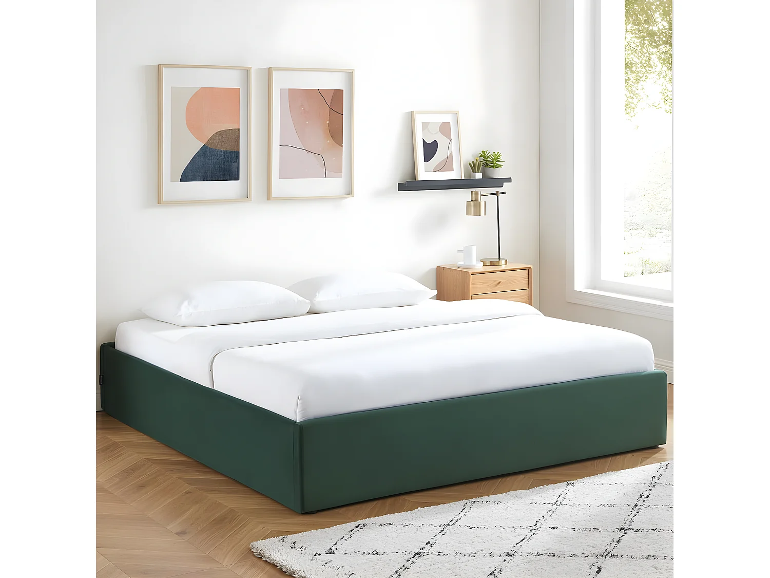 Lit coffre 180x200cm en velours vert + sommier à lattes - Handy