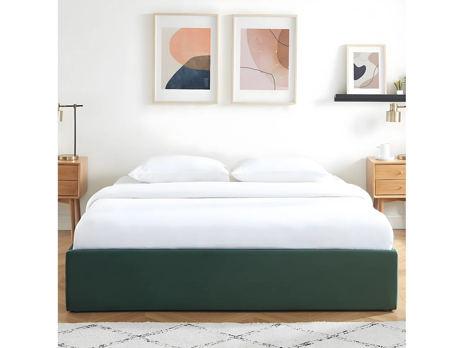 Lit coffre 180x200cm en velours vert + sommier à lattes - Handy