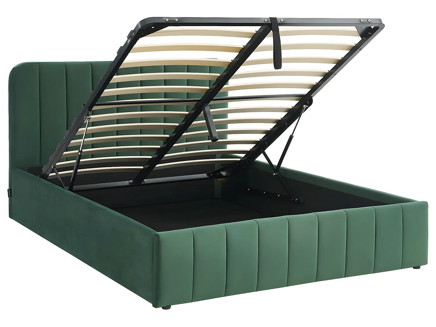 Lit coffre 140x190 cm en velours vert avec tête de lit + sommier relevable à lattes - Ava