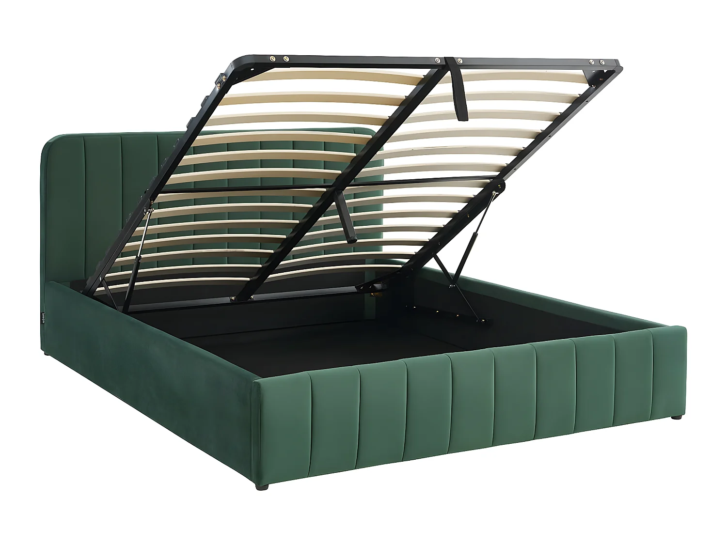 Lit coffre 160x200 cm en velours vert avec tête de lit + sommier relevable à lattes - Ava