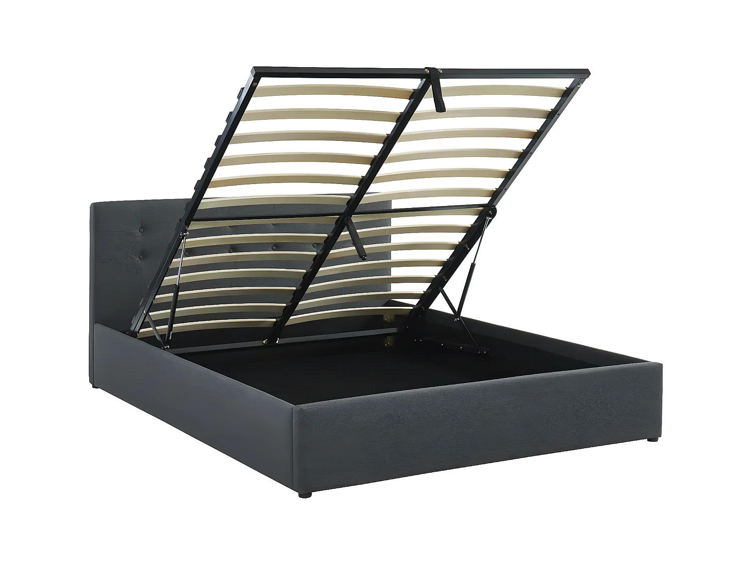 Lit coffre 160x200 en tissu gris anthracite avec tête de lit et sommier à lattes - Tina