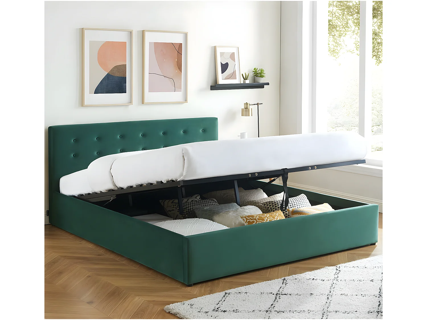 Lit coffre 180x200 en velours vert avec tête de lit et sommier à lattes - Tina
