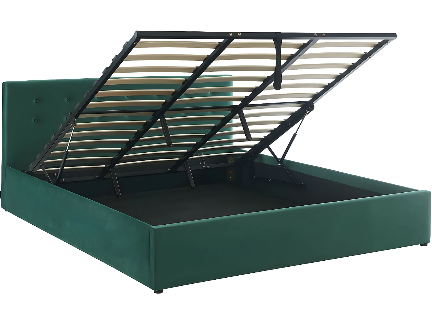 Lit coffre 180x200 en velours vert avec tête de lit et sommier à lattes - Tina