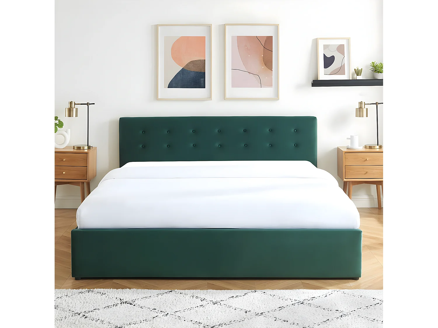 Lit coffre 180x200 en velours vert avec tête de lit et sommier à lattes - Tina