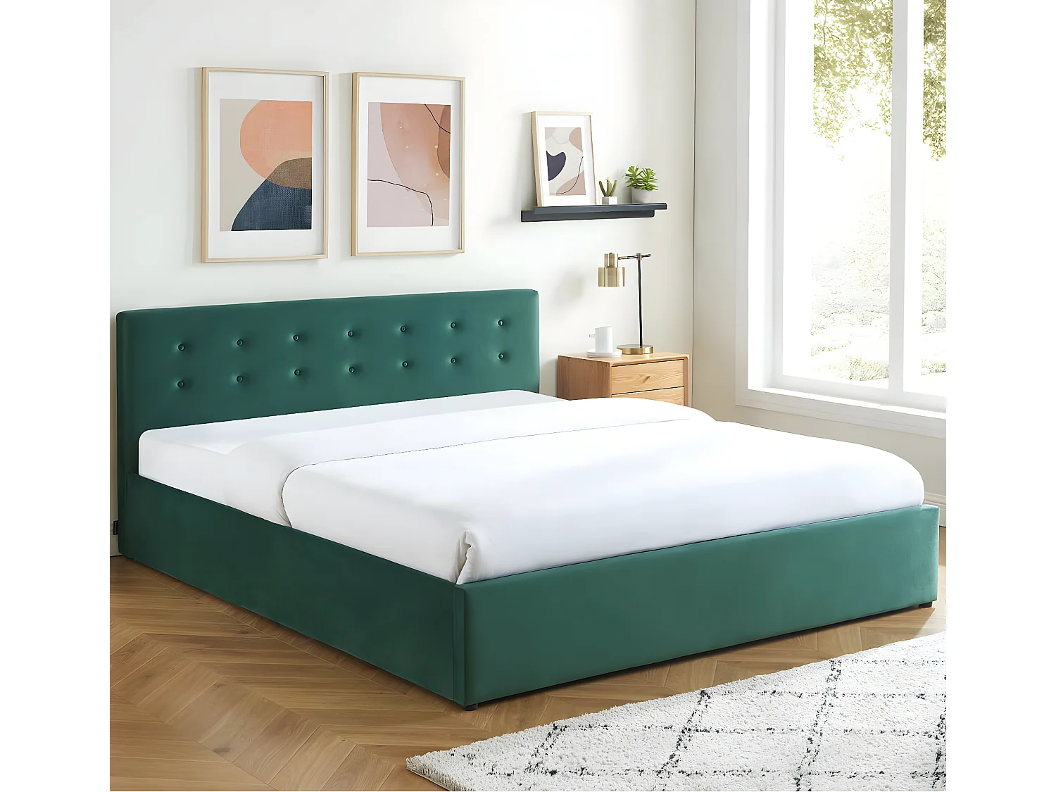 Lit coffre 180x200 en velours vert avec tête de lit et sommier à lattes - Tina