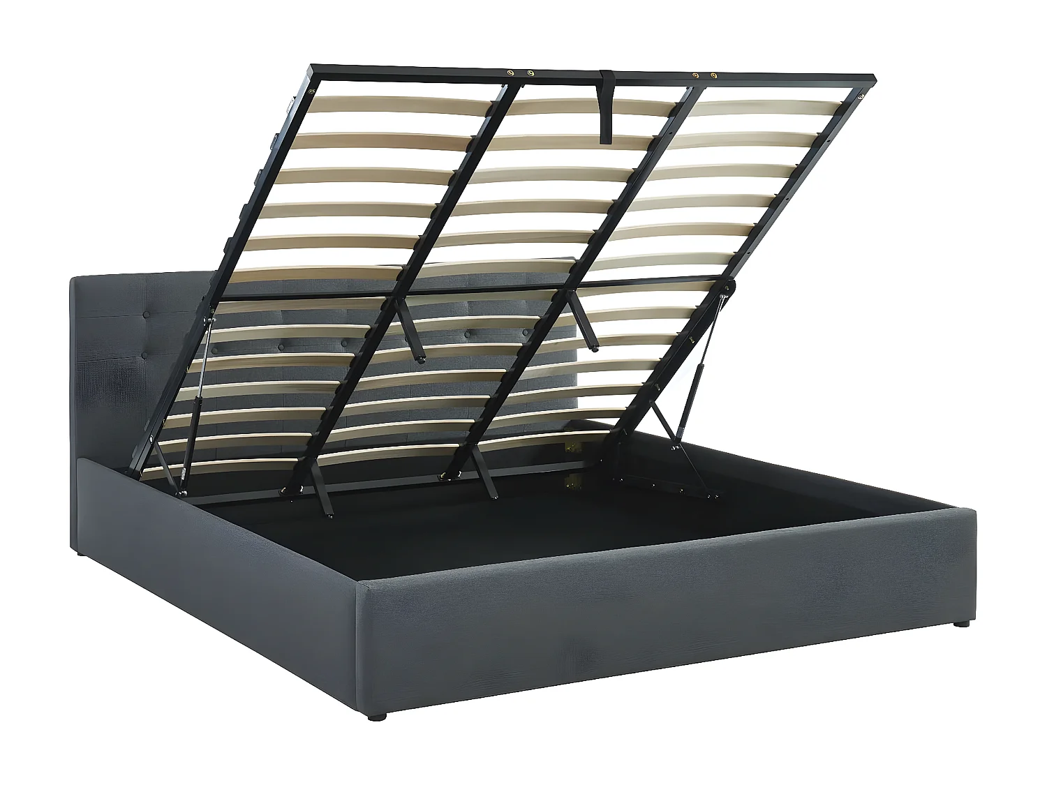 Lit coffre 180x200 en tissu gris anthracite avec tête de lit et sommier à lattes - Tina