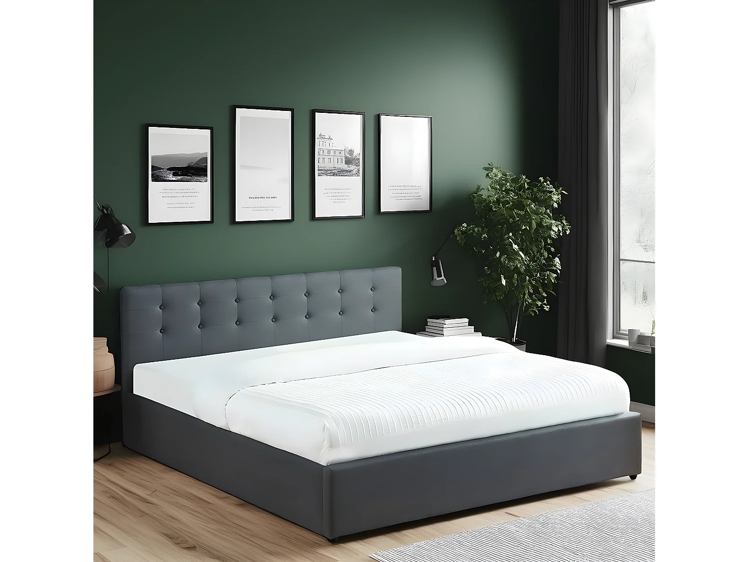 Lit coffre 180x200 en tissu gris anthracite avec tête de lit et sommier à lattes - Tina