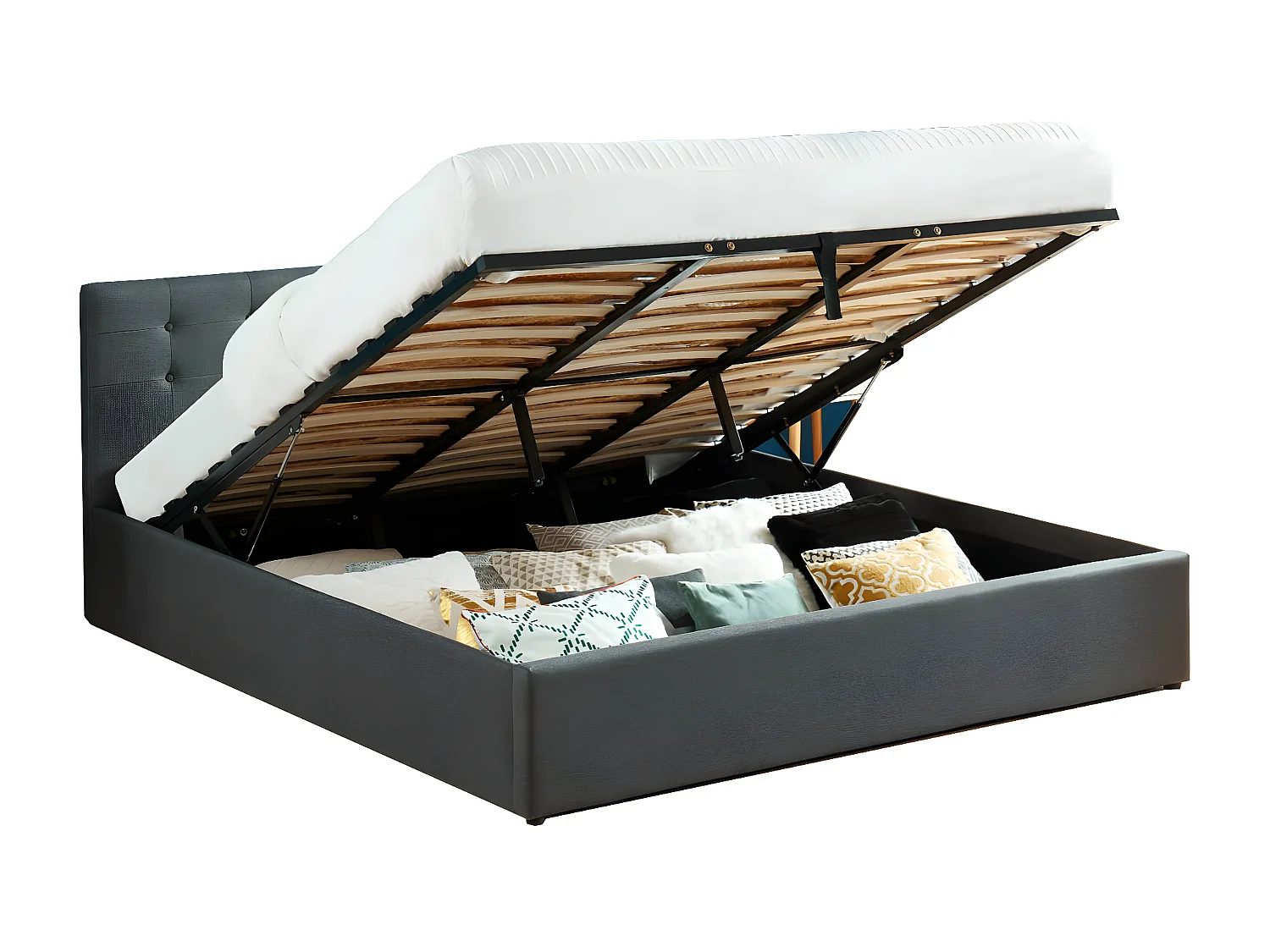 Lit coffre 180x200 en tissu gris anthracite avec tête de lit et sommier à lattes - Tina